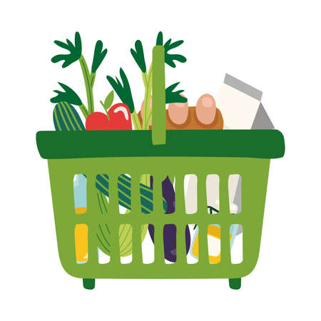 groceries in plastic basket free form style vector illustration designのイラスト素材