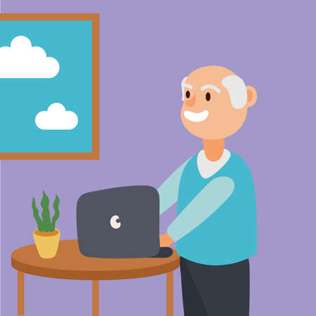 old man using laptop active senior character vector illustration designのイラスト素材