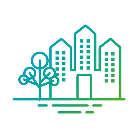 buildings constructions facades with trees city gradient style icons vector illustration designのイラスト素材