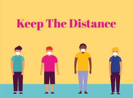 little kids using face mask for covid19 with keep distance message vector illustration designのイラスト素材