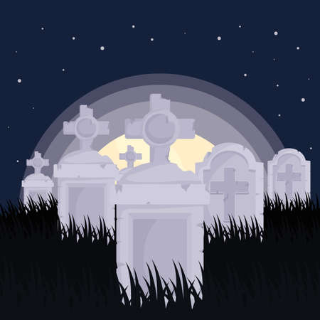 cemetery gravestones moon trick or treat - happy halloween party vector illustrationのイラスト素材