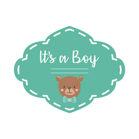 baby shower frame card with bear teddy and lettering its a boy hand draw style vector illustration designのイラスト素材