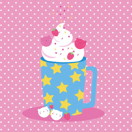 cute postcard with strawberry smoothie and cats vector illustrationのイラスト素材