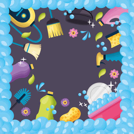 spring cleaning tools bubbles frame vector illustrationのイラスト素材