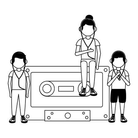girl with earphones sitting cassette and boys listening music vector illustrationのイラスト素材