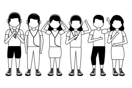group kids with earphones dancing and listening music vector illustrationのイラスト素材