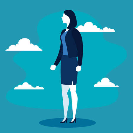 Businesswoman and clouds on blue background design, business and management theme Vector illustrationのイラスト素材