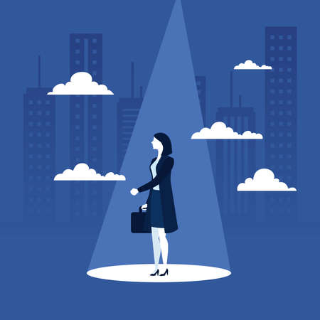 Businesswoman with suitcase and clouds in front of city buildings design, business and management theme Vector illustrationのイラスト素材
