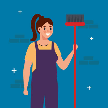 constructer woman with broom design of remodeling working and repairing theme Vector illustrationのイラスト素材
