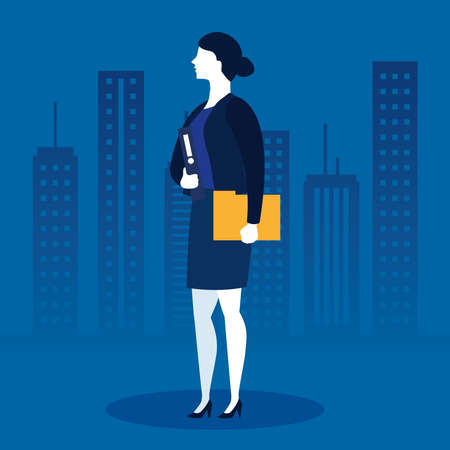 Businesswoman with file in front of city buildings design, business and management theme Vector illustrationのイラスト素材