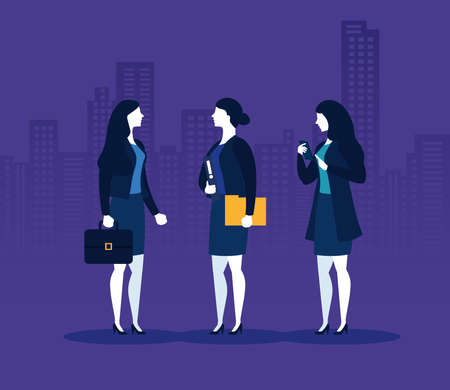 Businesswomen with suitcase file and smartphone in front of city buildings design, business and management theme Vector illustrationのイラスト素材