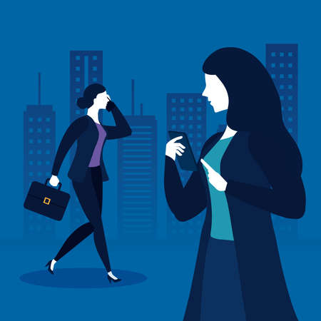 Businesswomen with suitcase and smartphone in front of city buildings design, business and management theme Vector illustrationのイラスト素材