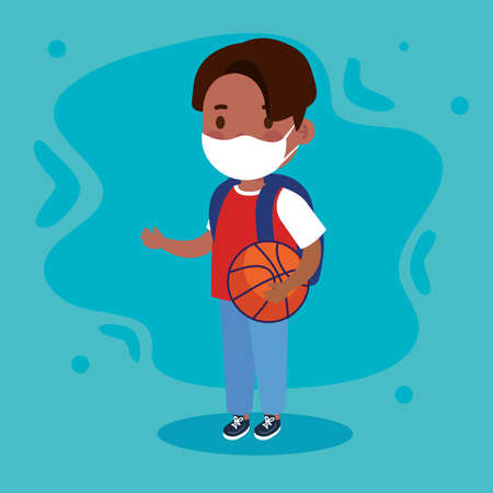 New normal school of boy kid with mask and basket ball design of covid 19 virus and prevention theme Vector illustrationのイラスト素材