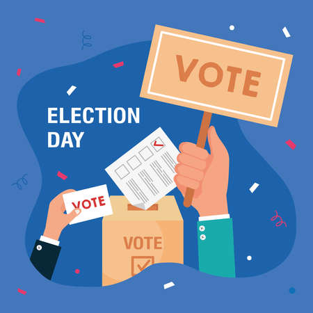 Election day hands holding vote papers banner and box design, president government and campaign theme Vector illustrationのイラスト素材