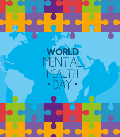 world mental health day with puzzles and world map design, mind psychology and idea theme Vector illustrationのイラスト素材