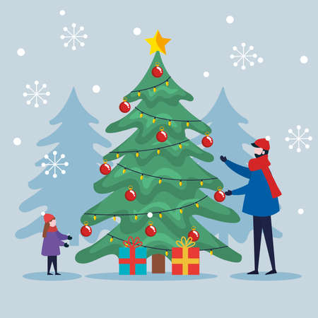 merry christmas father and son with pine tree and gifts design, winter season and decoration theme Vector illustrationのイラスト素材