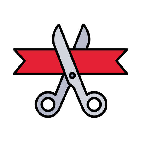 Scissor with ribbon line and fill style icon design, Instrument cut object paper tailor separation school and hair theme Vector illustrationのイラスト素材