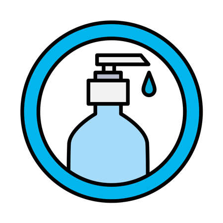 Hands soap bottle in seal stamp line and fill style icon design, Disinfects clean antibacterial and hygiene theme Vector illustrationのイラスト素材