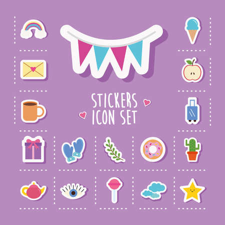 cute banner pennant and stickers flat style icon set design, badges ornament and fashion theme Vector illustrationのイラスト素材