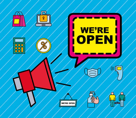 we are open line and fill style icon set design of Shopping commerce and covid 19 theme Vector illustrationのイラスト素材