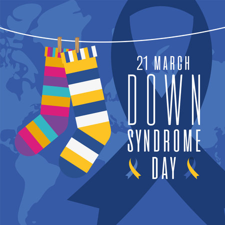 down syndrome day striped socks and ribbon on world map background design, Disability awareness and...