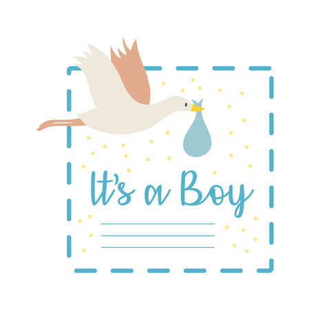 baby shower frame card with stork little and lettering its a boy hand draw style vector illustration designのイラスト素材