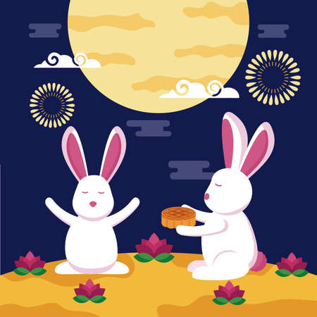 celebration rabbits mooncake mid autumn festival vector illustrationのイラスト素材