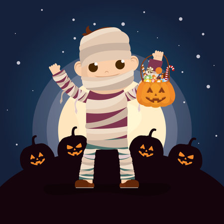 little boy with mummy disguise at night vector illustration designのイラスト素材