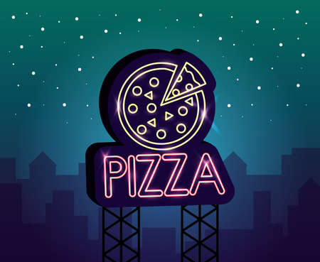 italian pizza food neon light label vector illustration designのイラスト素材