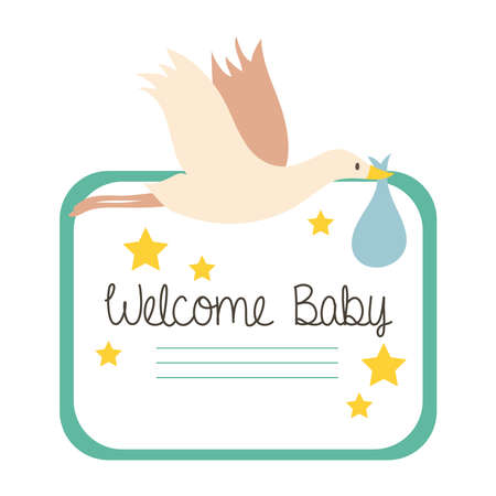 baby shower frame card with stork and welcome baby lettering hand draw style vector illustration designのイラスト素材
