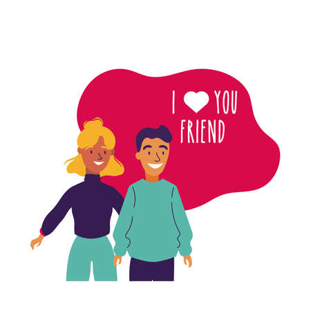 happy friendship day celebration with couple pastel hand draw style vector illustration designのイラスト素材