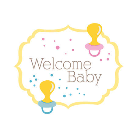 baby shower frame card with pacifiers and welcome baby lettering hand draw style vector illustration designのイラスト素材