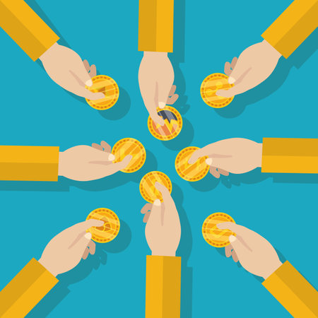 hands with differents coins cryptocurrency money finance flat design vector illustrationのイラスト素材