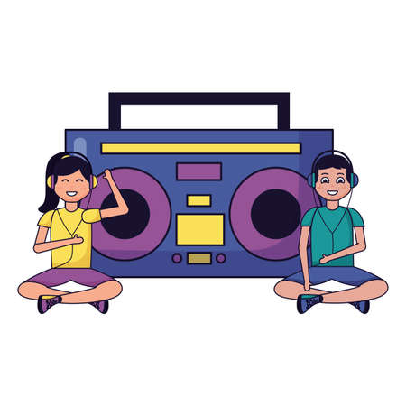 boy and girl sitting with radio stereo listening music vector illustrationのイラスト素材