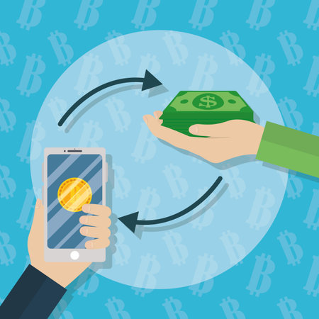 hand with smartphone and other dollar bitcoin trade cryptocurrency money finance vector illustration