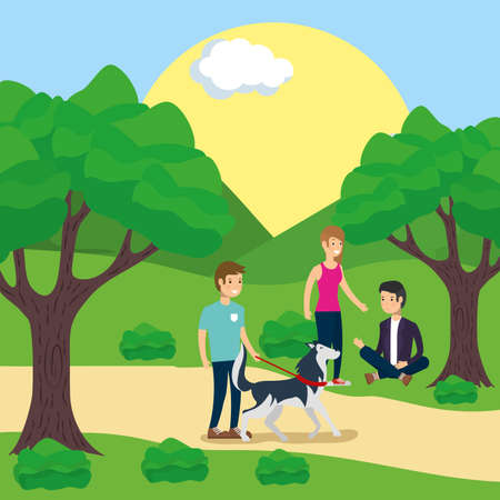 outdoor man with dog and couple sitting in grass activity vector illustrationのイラスト素材