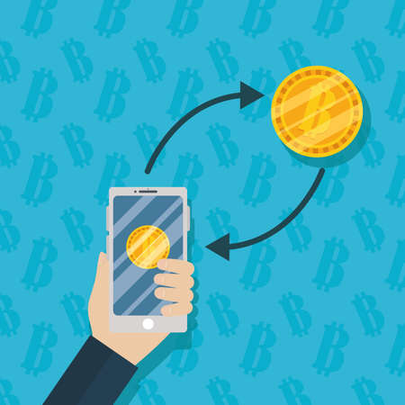 hand with smartphone bitcoin transaction cryptocurrency money finance flat design vector illustrationのイラスト素材