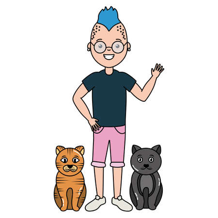 young man and cats pets vector illustrationのイラスト素材