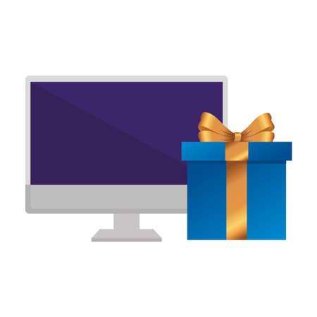 Gift with bowtie and computer design, happy birthday celebration decoration party festive and surprise theme Vector illustrationのイラスト素材