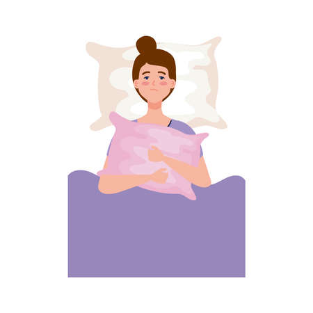 woman on bed holding pillow with insomnia design, sleep and night theme Vector illustrationのイラスト素材