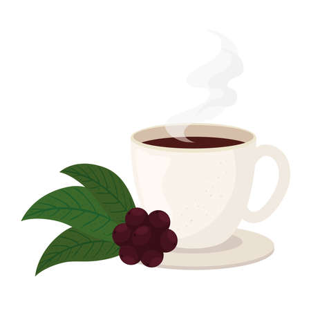 coffee cup with beans and leaves design of drink caffeine breakfast and beverage theme Vector illustrationのイラスト素材