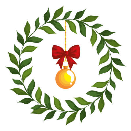 merry christmas sphere with bowtie hanging in leaves crown design, winter season and decoration theme Vector illustrationのイラスト素材