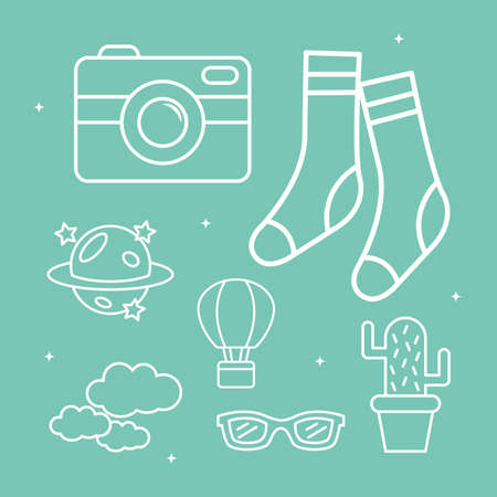 cute socks camera and stickers line style icon set design, badges ornament and fashion theme Vector illustrationのイラスト素材