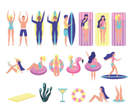 group of people with beach costumes bundle characters vector illustration designのイラスト素材