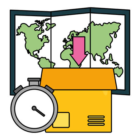 cardboard box map clock fast delivery business vector illustrationのイラスト素材