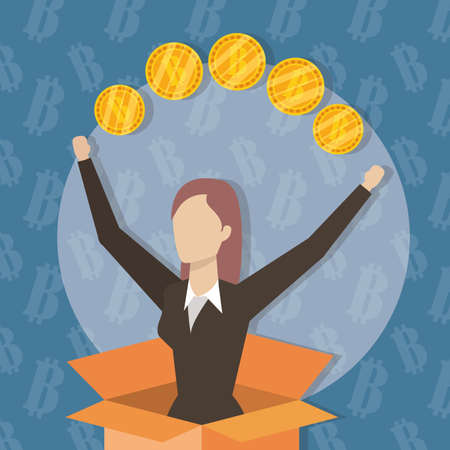 business woman in box with bitcoins cryptocurrency finance design vector illustrationのイラスト素材