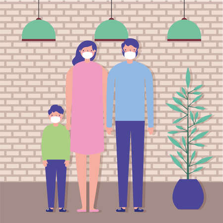 parents couple and son using face masks vector illustration designのイラスト素材