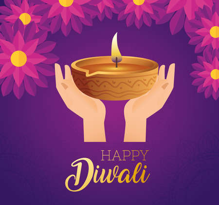 Happy diwali diya candle over hands with flowers design, Festival of lights theme Vector illustrationのイラスト素材