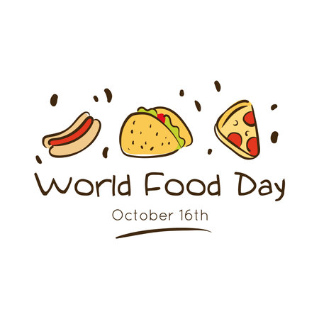 world food day celebration lettering with delicious fast food flat style vector illustration designのイラスト素材