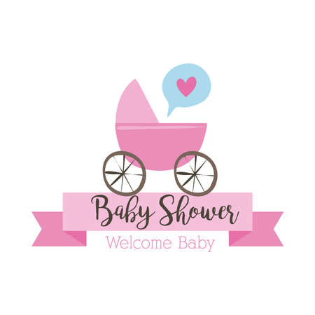 baby shower lettering with cart trolley hand draw style vector illustration designのイラスト素材